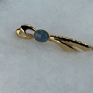 Gold plated sterling silver modernist brooch blue triplet opal stone. Stamped 92